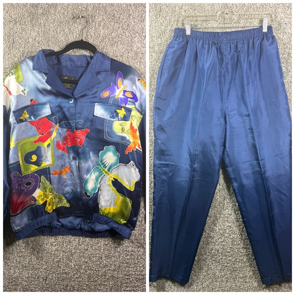 Mureli Silk Butterfly Print Set Top and Blue Pants - Womens Large